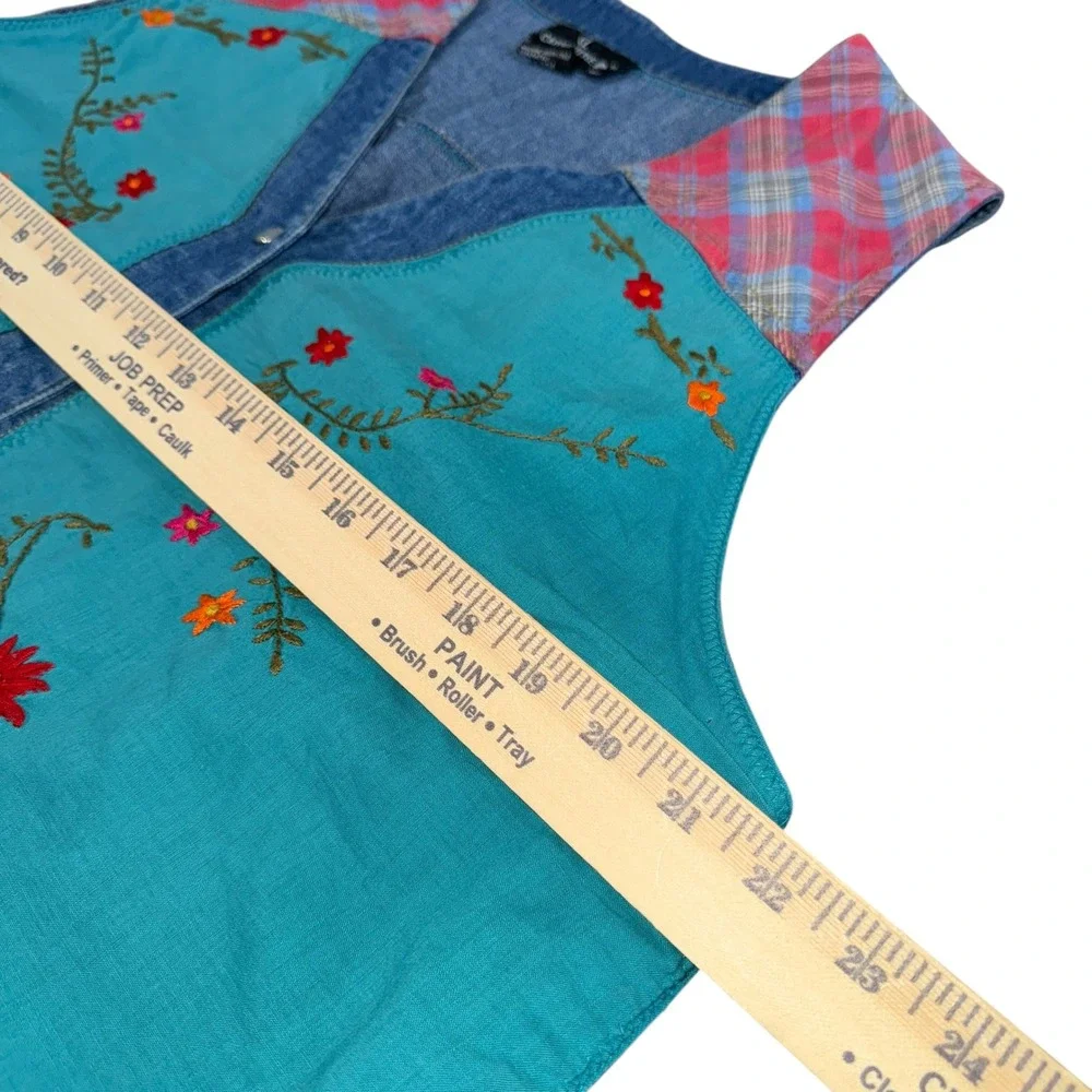 Vtg. Y2K Carole Little Floral Embroidered Denim Vest Western‎ Plaid Womens 14W